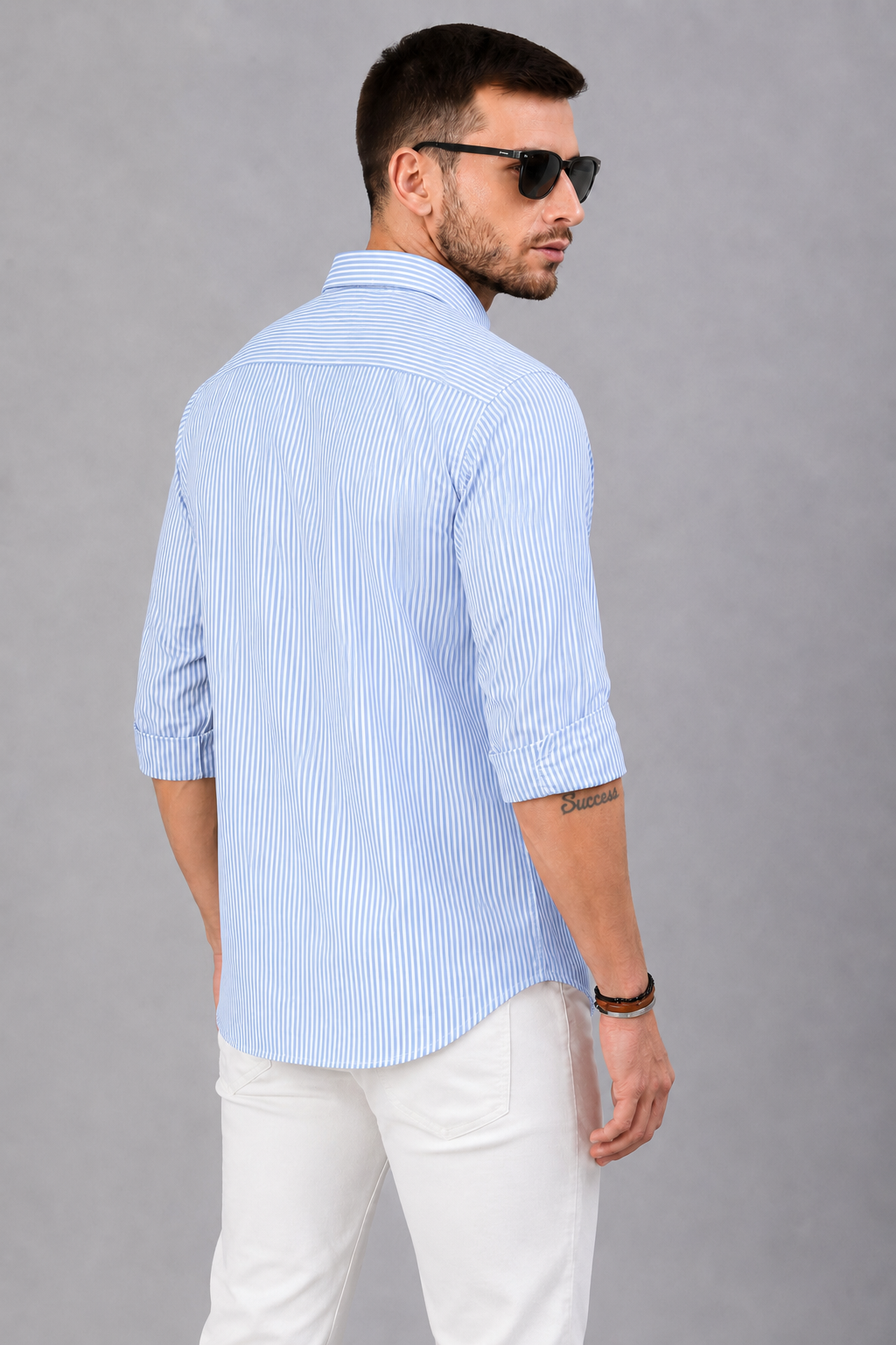 Men’s Light Blue & White Vertical Striped Full Sleeve Casual Shirt