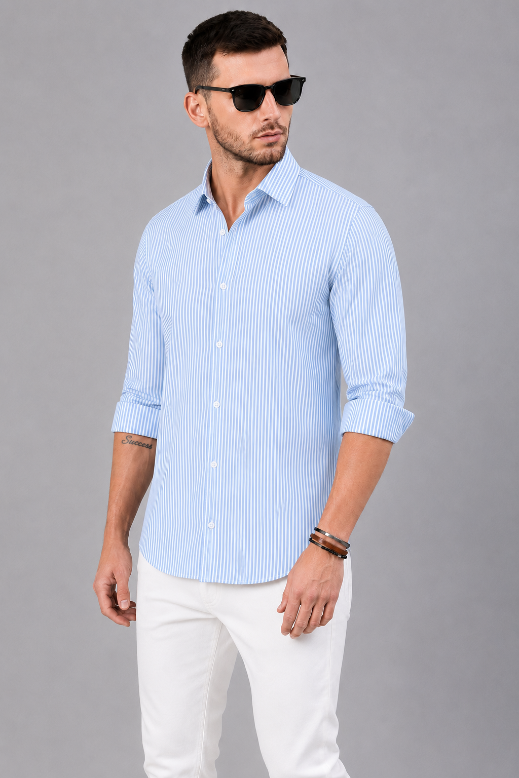 Men’s Light Blue & White Vertical Striped Full Sleeve Casual Shirt