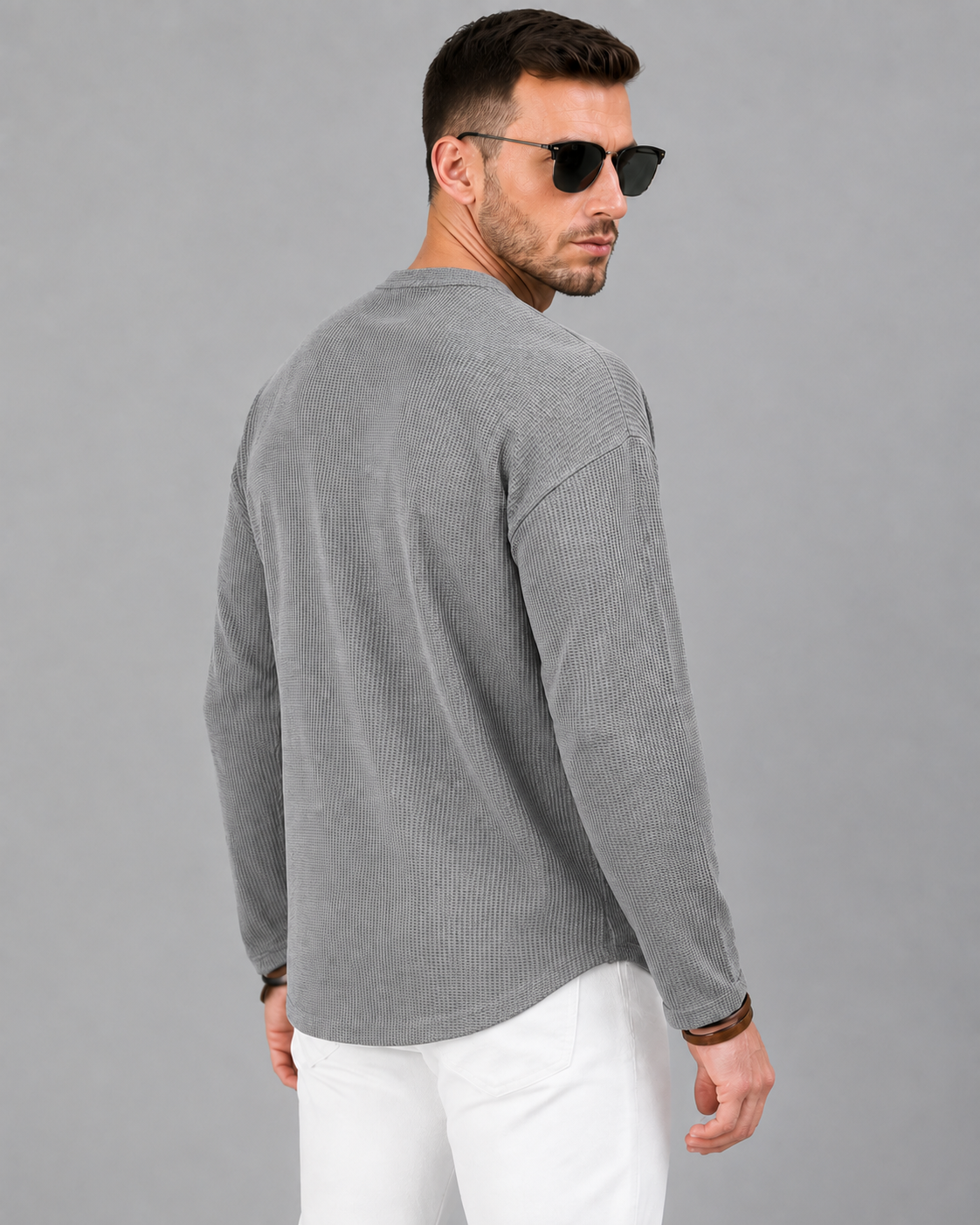 Men’s Textured Henley Full Sleeve Light Grey T-Shirt