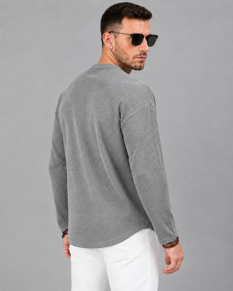 Men’s Textured Henley Full Sleeve Light Grey T-Shirt