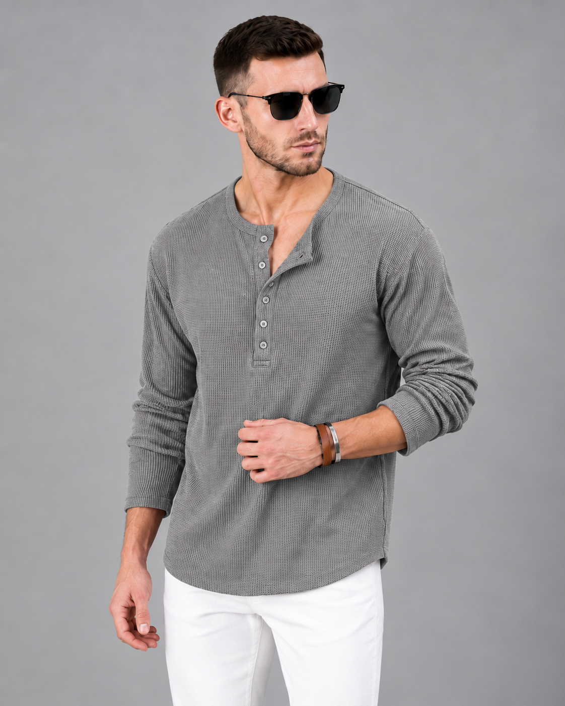 Men’s Textured Henley Full Sleeve Light Grey T-Shirt