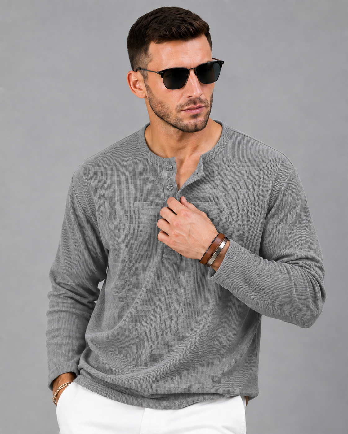 Men’s Textured Henley Full Sleeve Light Grey T-Shirt