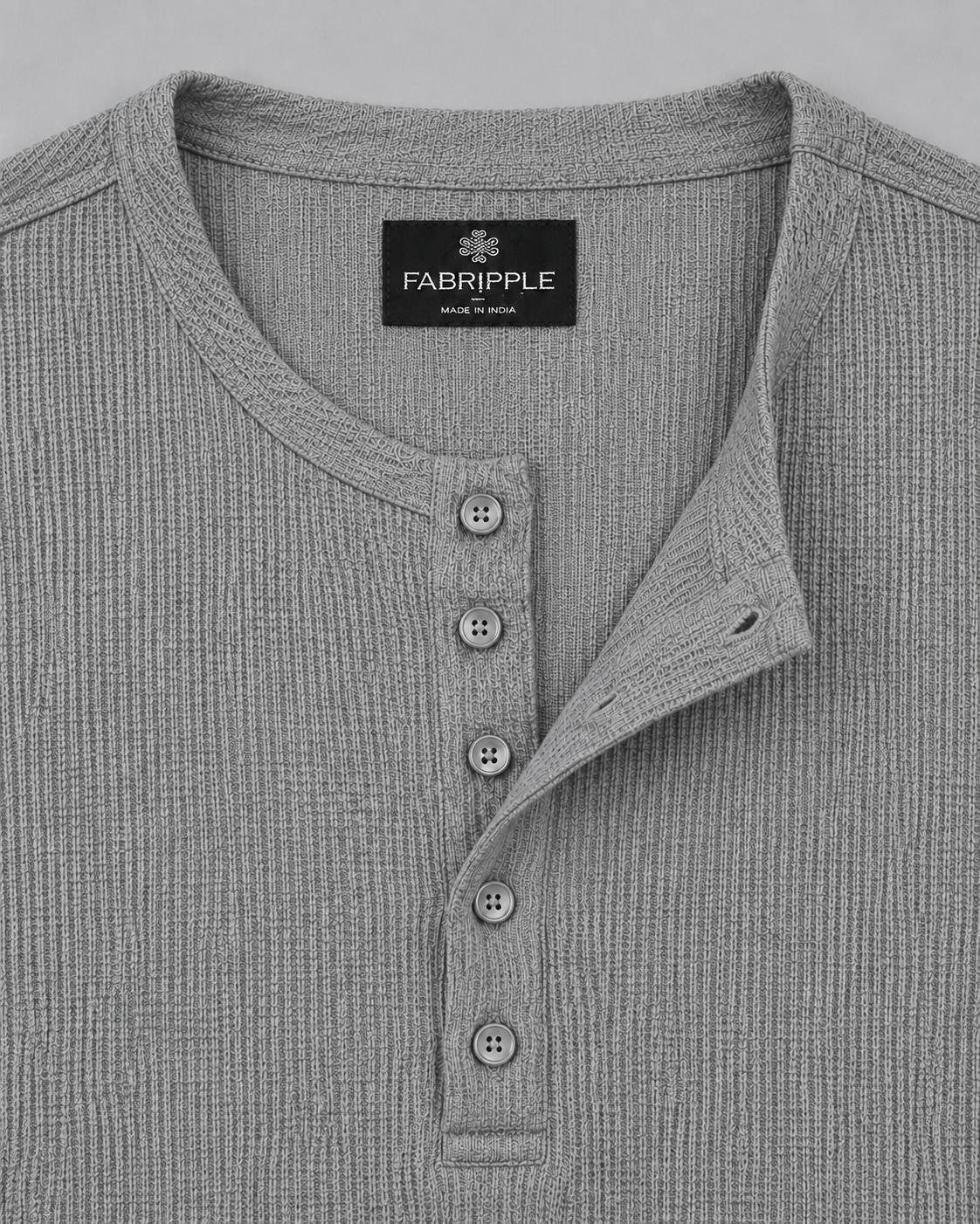 Men’s Textured Henley Full Sleeve Light Grey T-Shirt
