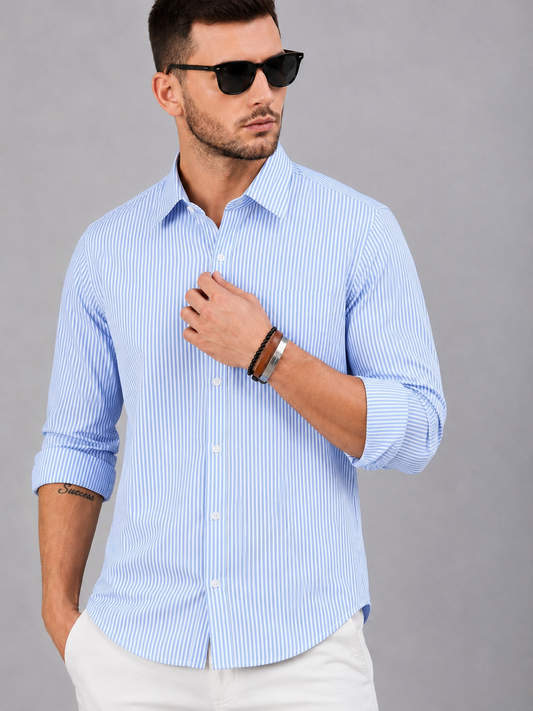 Men’s Light Blue & White Vertical Striped Full Sleeve Casual Shirt