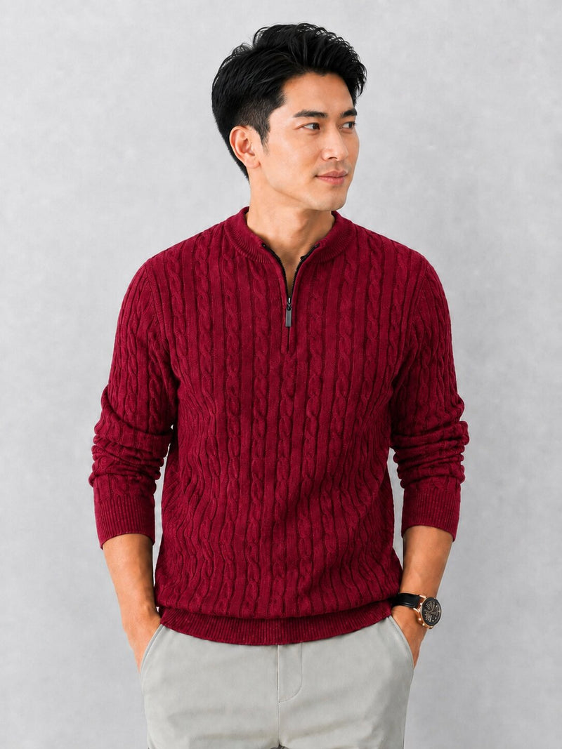 Men’s Maroon Cable Knit Half Zip Sweater