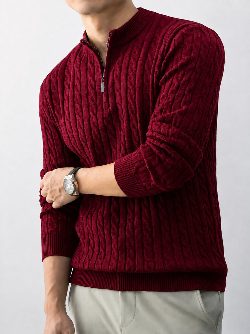 Men’s Maroon Cable Knit Half Zip Sweater