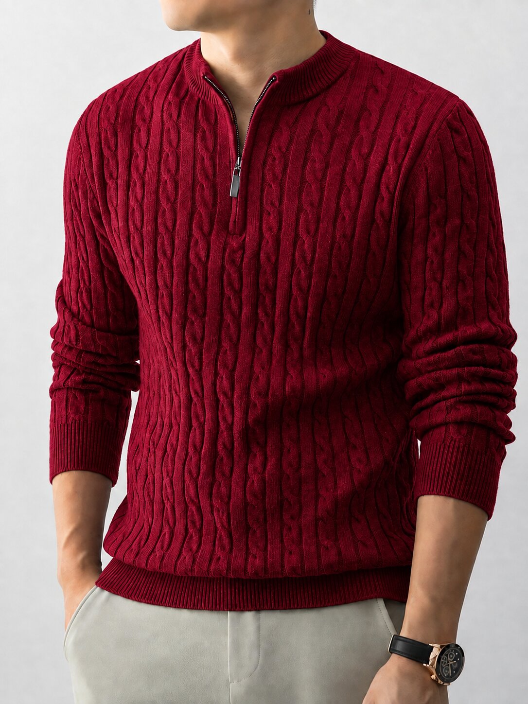 Men’s Maroon Cable Knit Half Zip Sweater