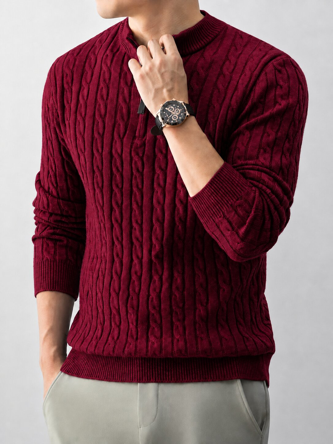 Men’s Maroon Cable Knit Half Zip Sweater