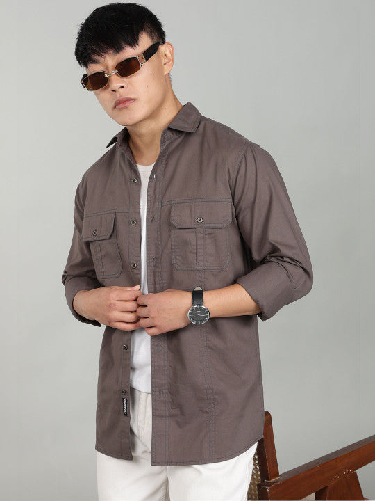 Men’s Dark Grey Utility Casual Shirt – Premium Full Sleeve Solid Shirt