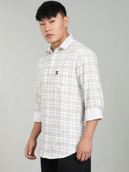 Men’s Elegant White Checked Casual Shirt – Premium Plaid Full Sleeve Shirt