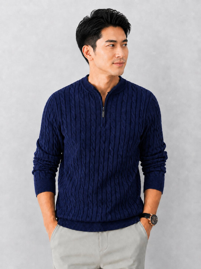 Men’s Navy Blue Cable Knit Half Zip Sweater