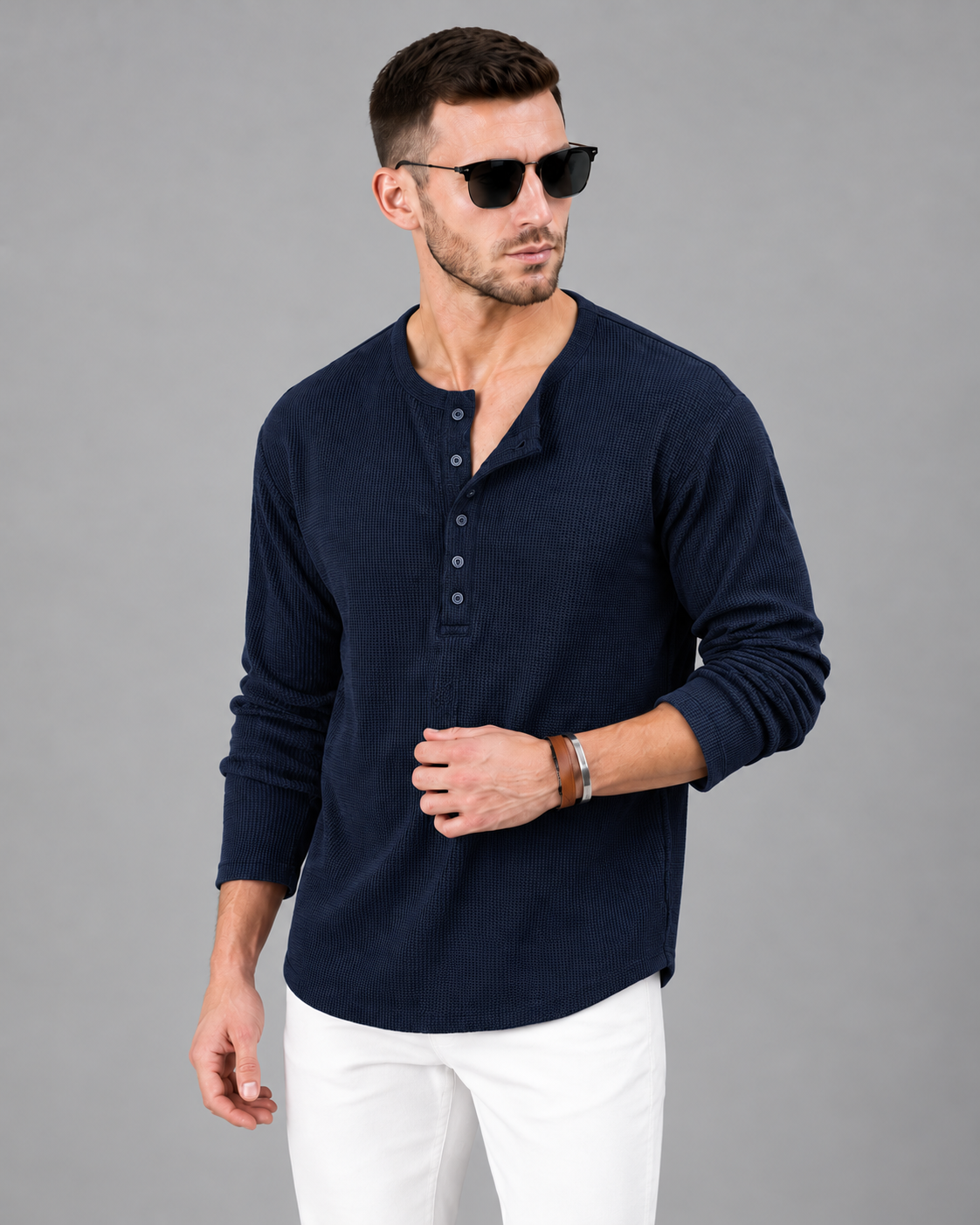 Men’s Textured Henley Full Sleeve Navy Blue T-Shirt