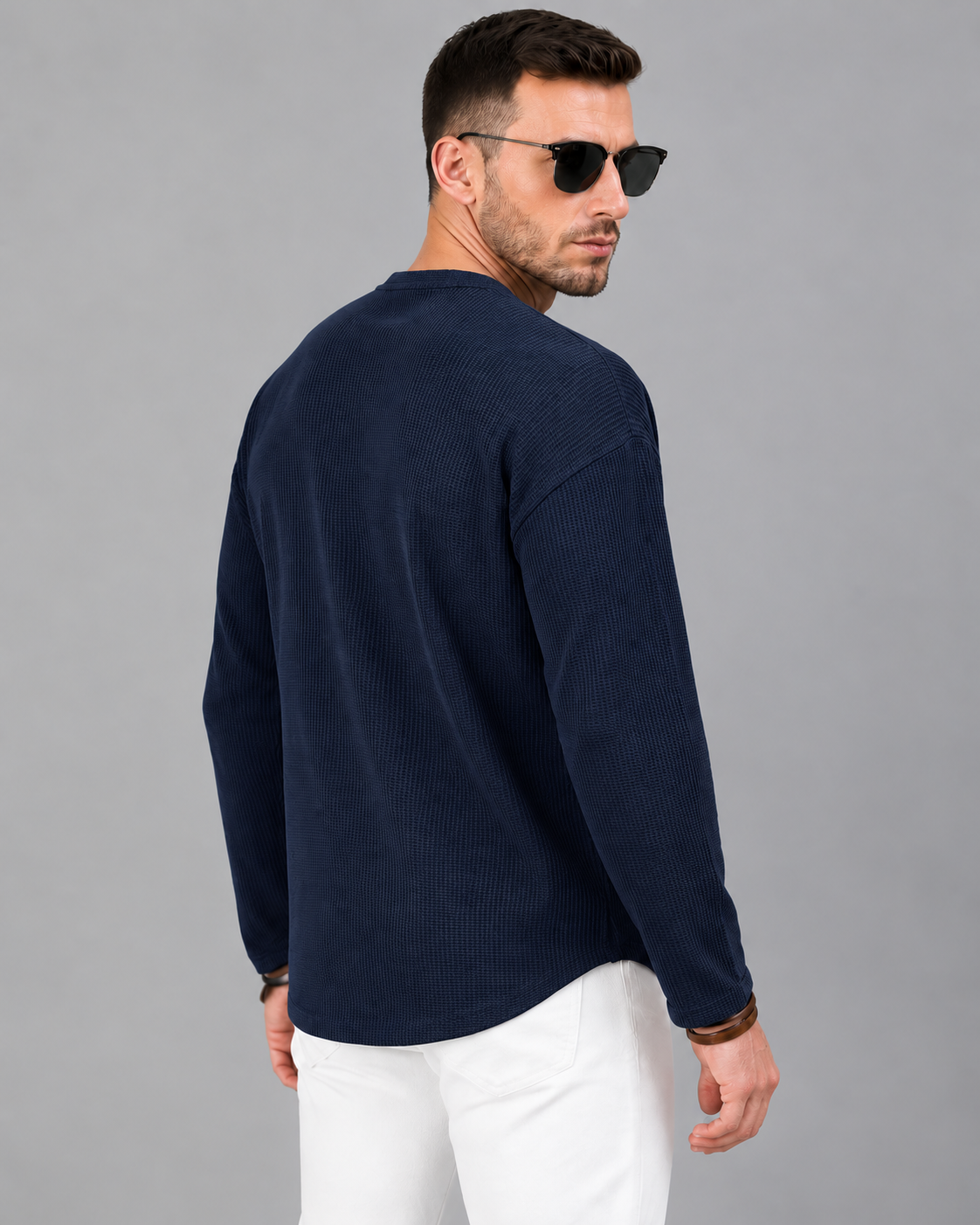 Men’s Textured Henley Full Sleeve Navy Blue T-Shirt