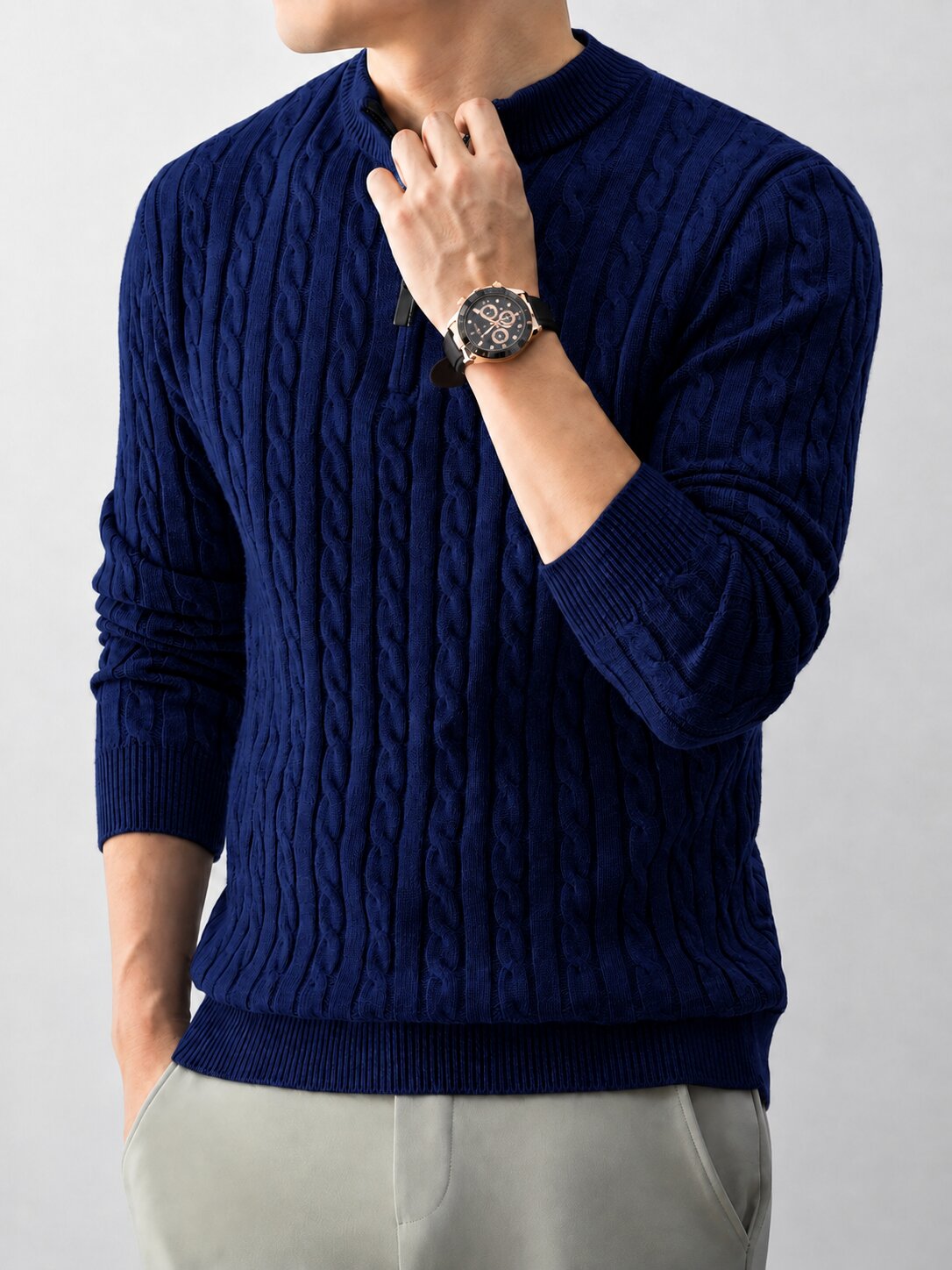 Men’s Navy Blue Cable Knit Half Zip Sweater