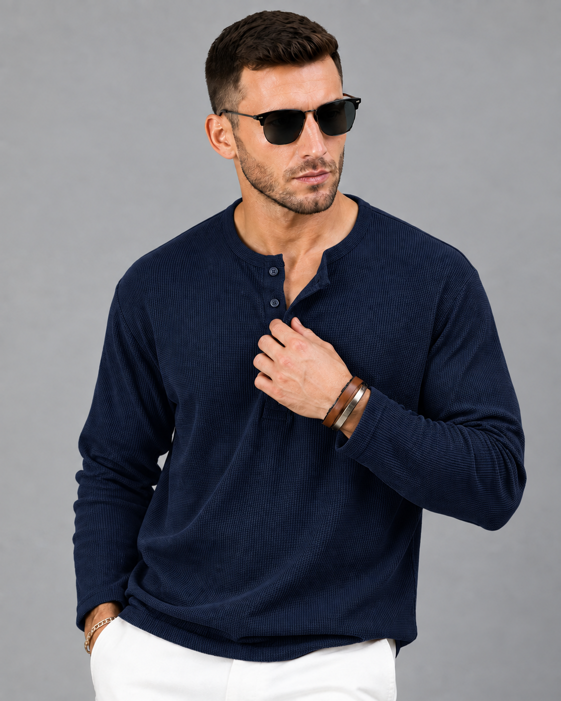 Men’s Textured Henley Full Sleeve Navy Blue T-Shirt