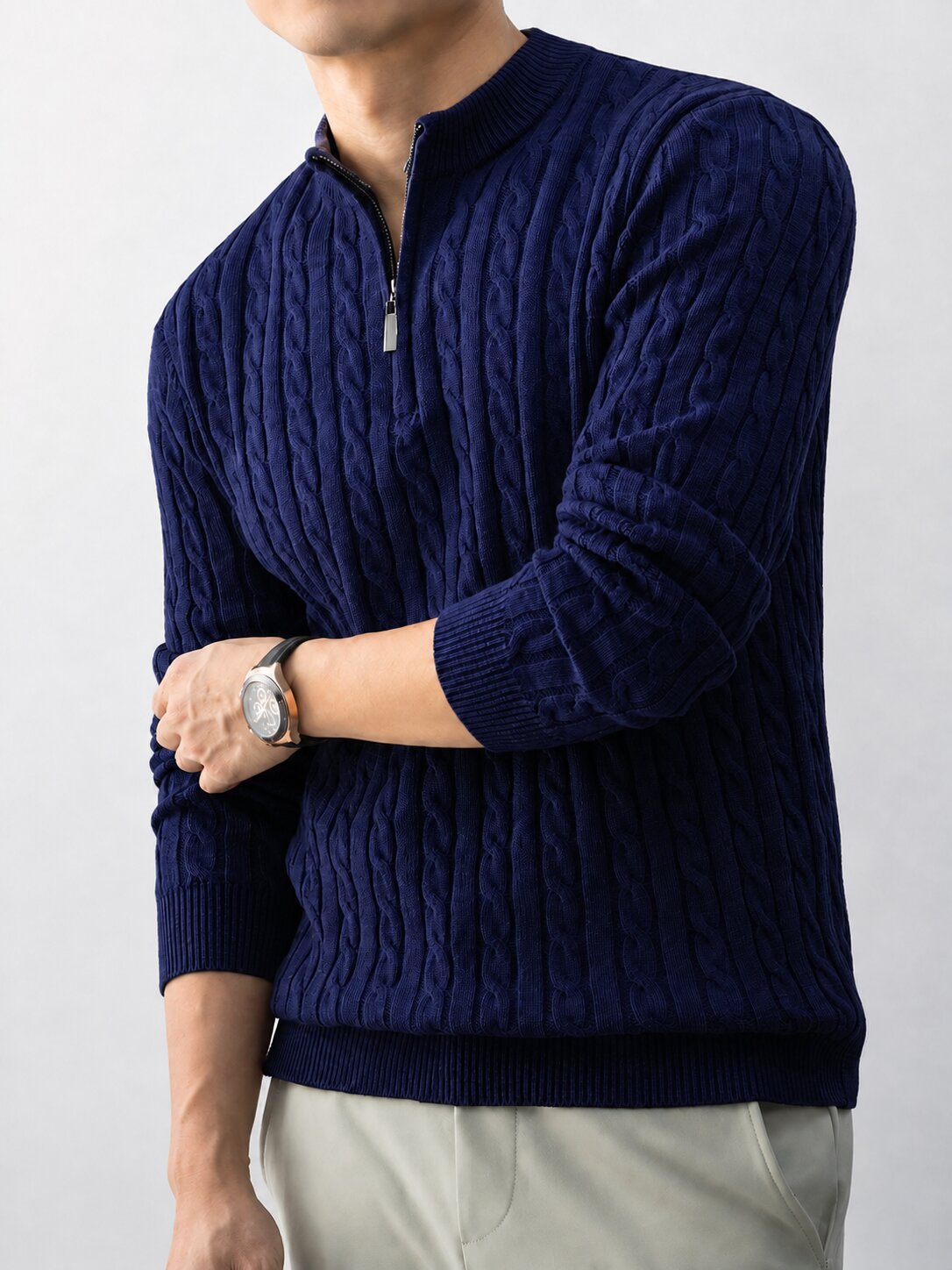 Men’s Navy Blue Cable Knit Half Zip Sweater