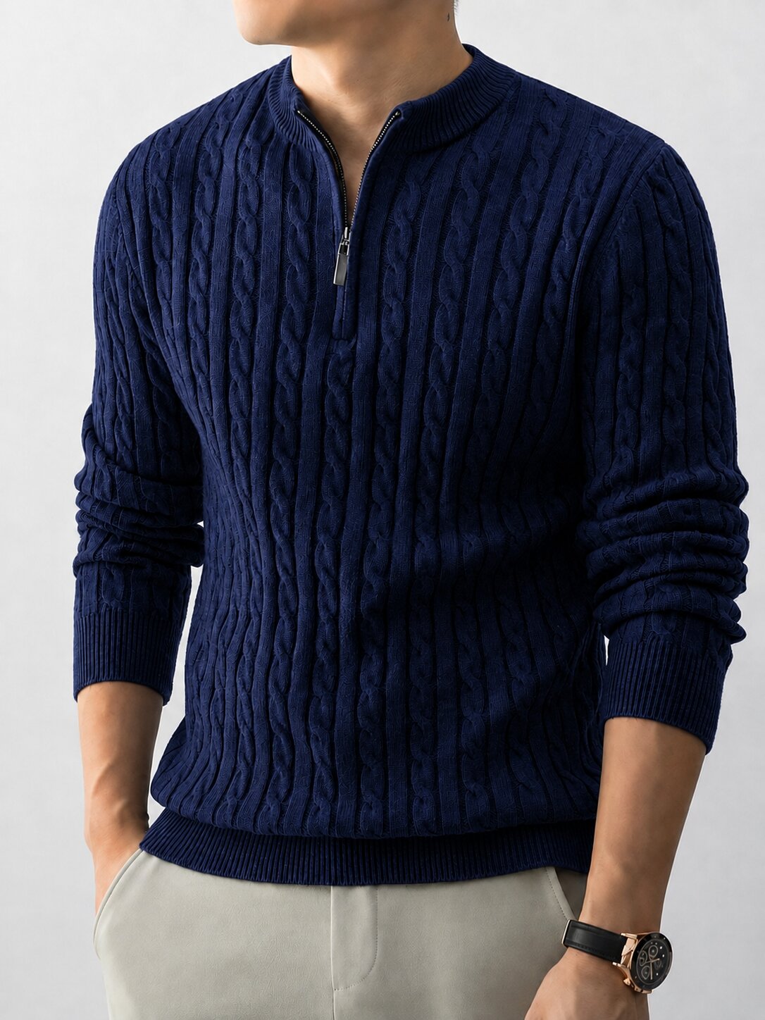 Men’s Navy Blue Cable Knit Half Zip Sweater