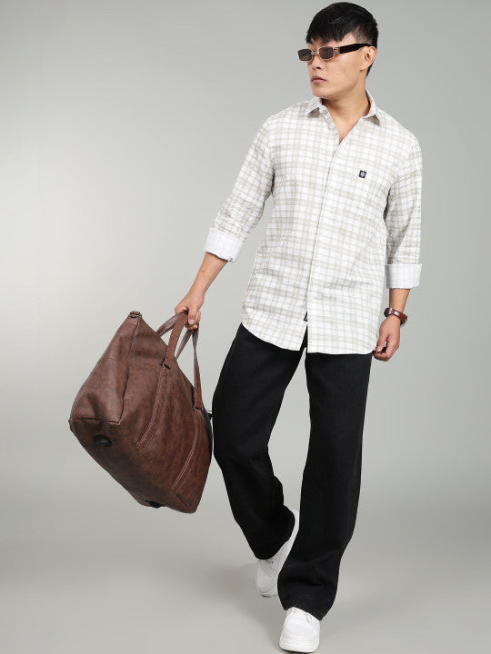 Men’s Elegant White Checked Casual Shirt – Premium Plaid Full Sleeve Shirt