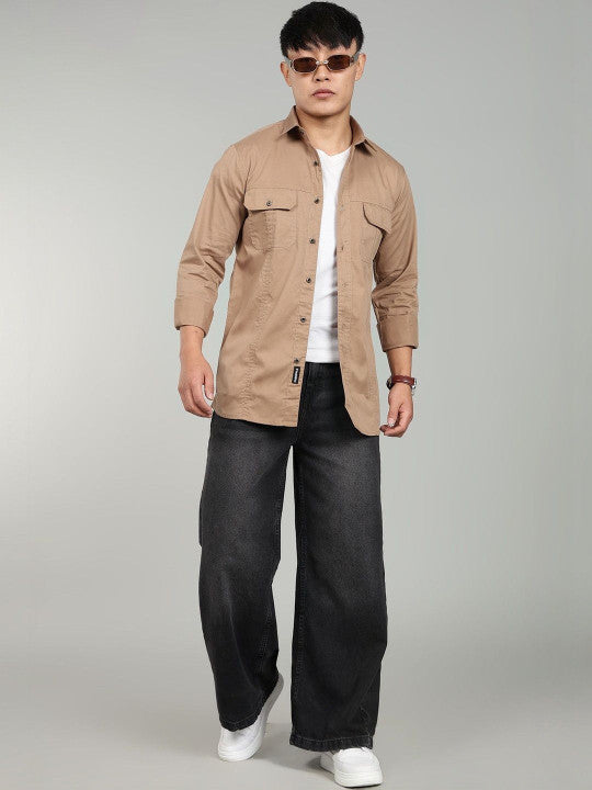 Men’s Khaki Utility Casual Shirt – Premium Full Sleeve Cotton Blend Shirt