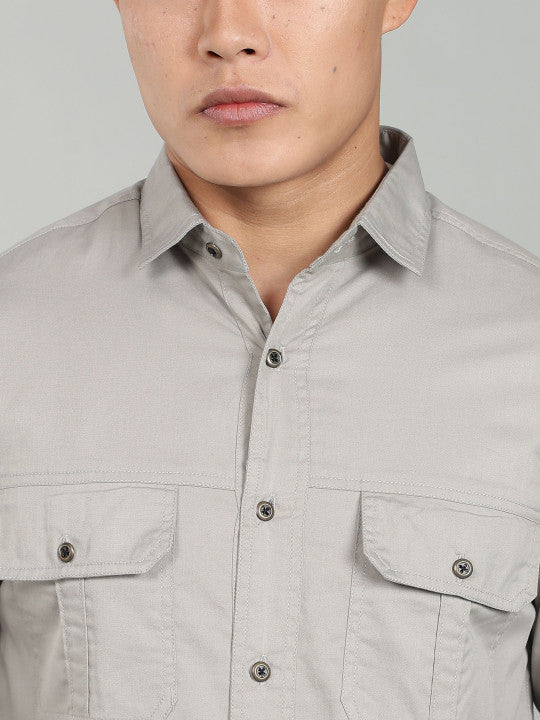 Men’s Light Grey Utility Casual Shirt – Premium Full Sleeve Solid Shirt