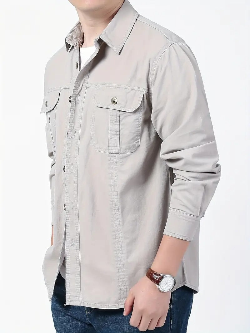 Men’s Cargo Jacket Shirt | 100% Cotton | 2 Pocket Utility Overshirt | Casual & Outdoor Wear | Breathable & Lightweight Fabric