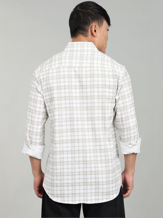 Men’s Elegant White Checked Casual Shirt – Premium Plaid Full Sleeve Shirt