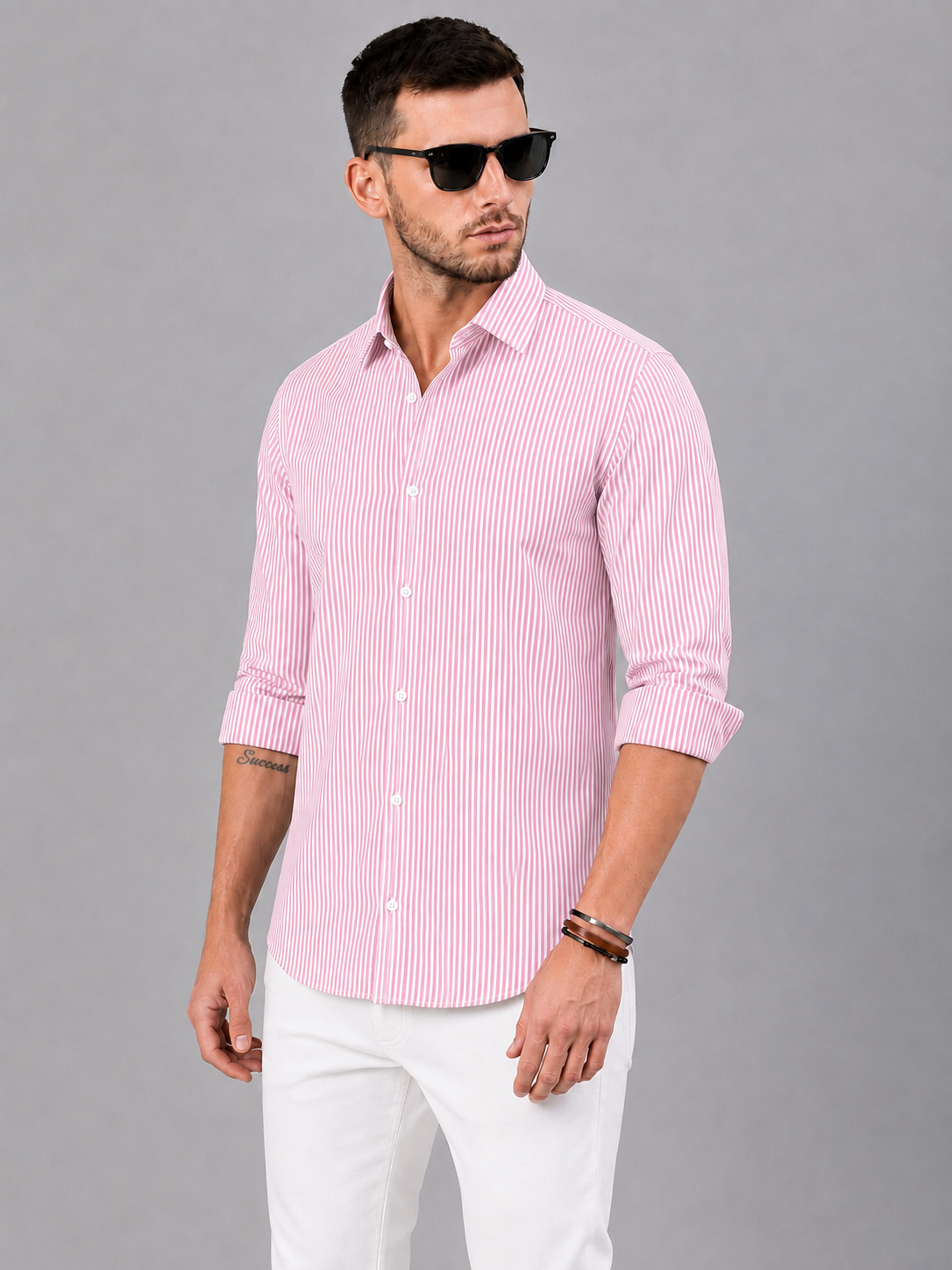 Men’s Pink & White Vertical Striped Full Sleeve Casual Shirt