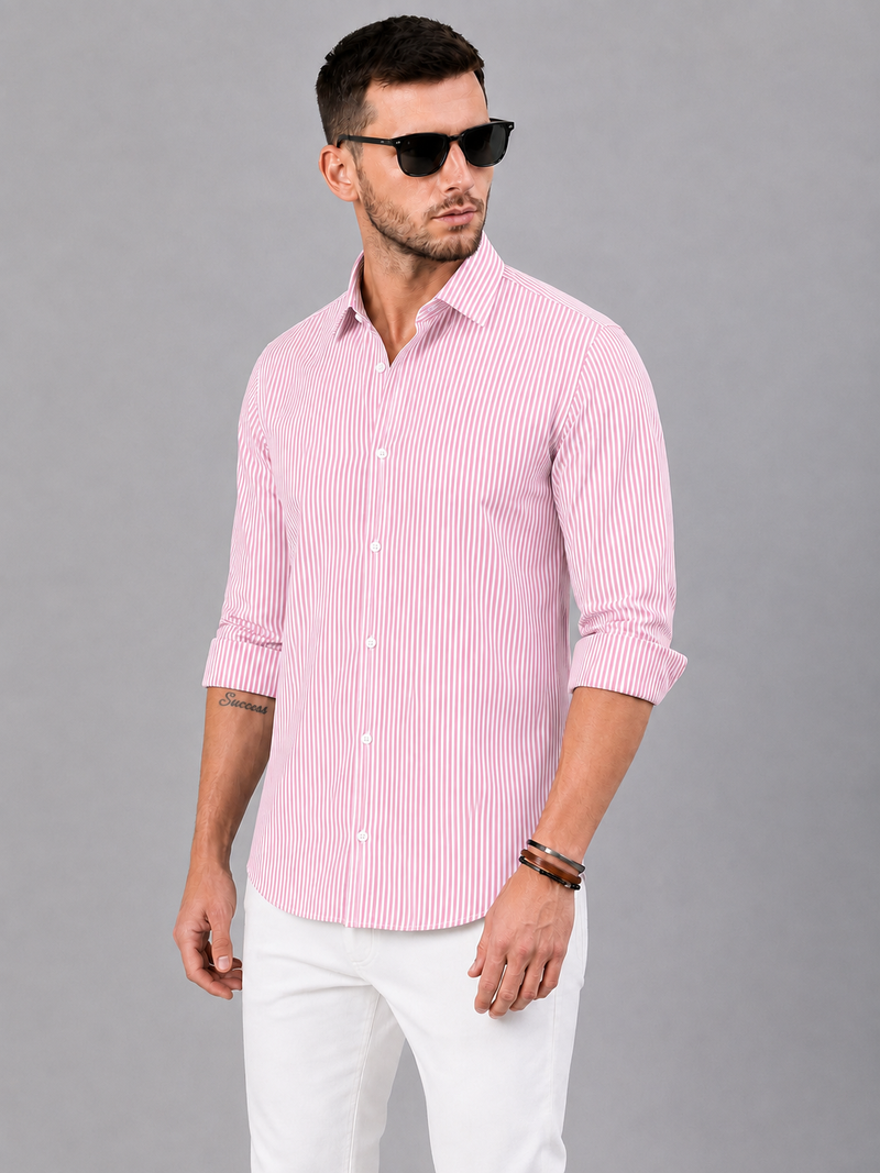 Men’s Pink & White Vertical Striped Full Sleeve Casual Shirt