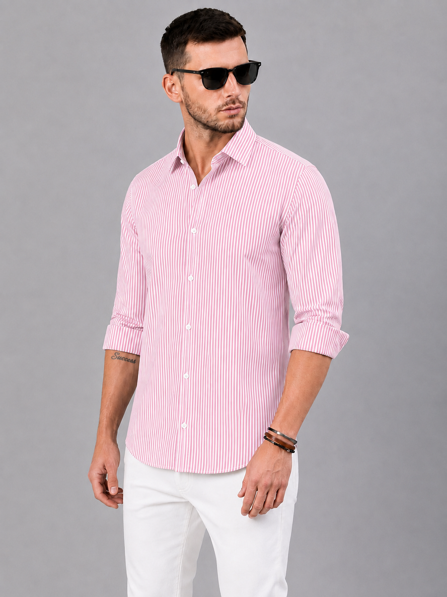 Men’s Pink & White Vertical Striped Full Sleeve Casual Shirt