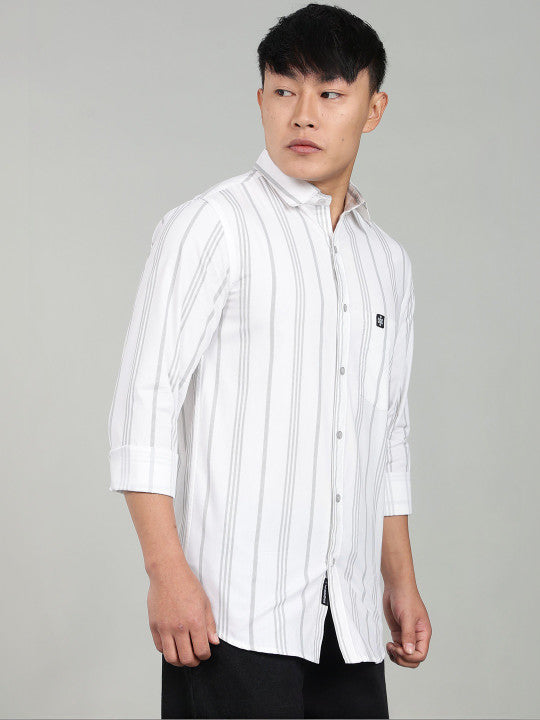 Men’s White Vertical Striped Casual Shirt – Premium Full Sleeve Stripe Shirt