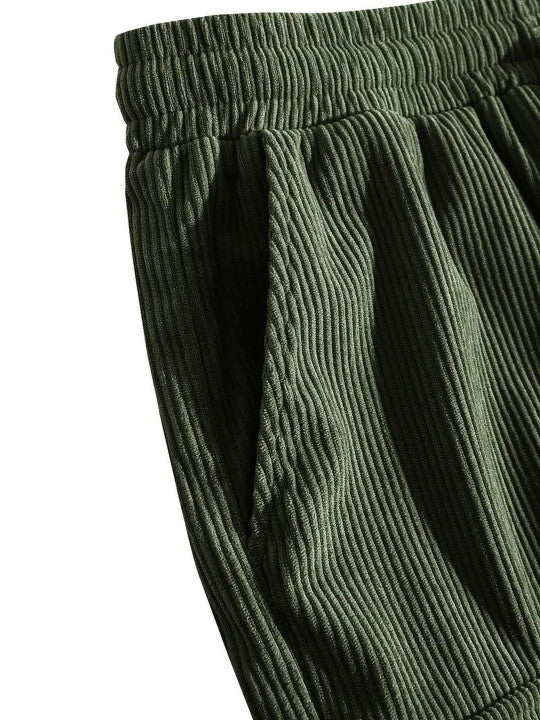 Men’s Green Ribbed Texture Shorts – Relaxed Fit Casual Cargo Style Shorts