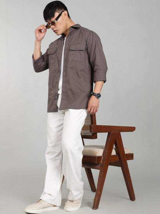 Men’s Dark Grey Utility Casual Shirt – Premium Full Sleeve Solid Shirt