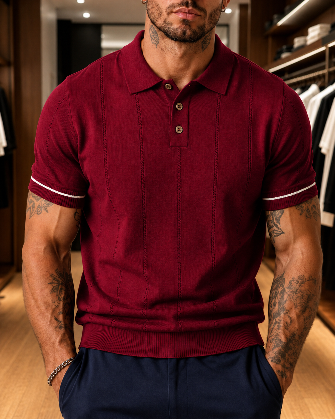 Men's Maroon Textured Knitted Polo T-Shirt