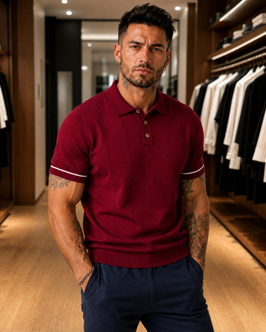 Men's Maroon Textured Knitted Polo T-Shirt