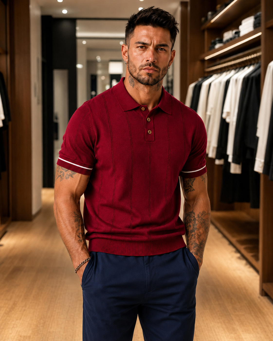 Men's Maroon Textured Knitted Polo T-Shirt