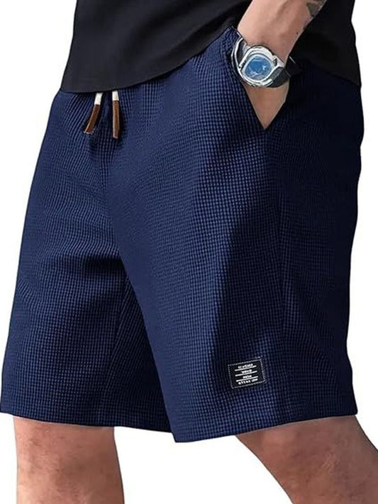 Men’s Dark Blue Micro Check Texture Shorts – Relaxed Fit Casual Summer Shorts
