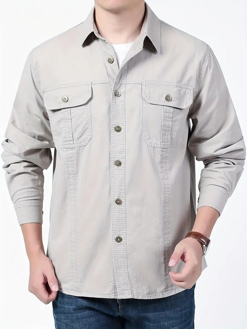 Men’s Cargo Jacket Shirt | 100% Cotton | 2 Pocket Utility Overshirt | Casual & Outdoor Wear | Breathable & Lightweight Fabric