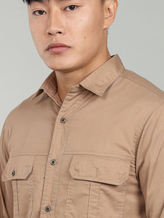 Men’s Khaki Utility Casual Shirt – Premium Full Sleeve Cotton Blend Shirt