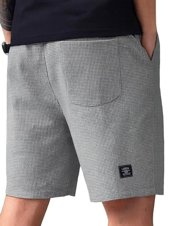 Men’s Light Grey Micro Check Texture Shorts – Relaxed Fit Casual Summer Shorts