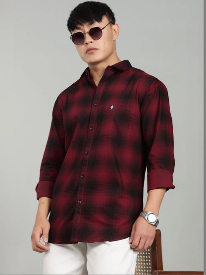 Men’s Maroon Black Checked Casual Shirt – Premium Full Sleeve Check Shirt