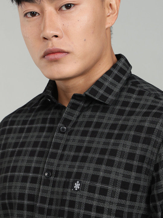 Men’s Elegant Black Checked Casual Shirt – Premium Plaid Full Sleeve Shirt