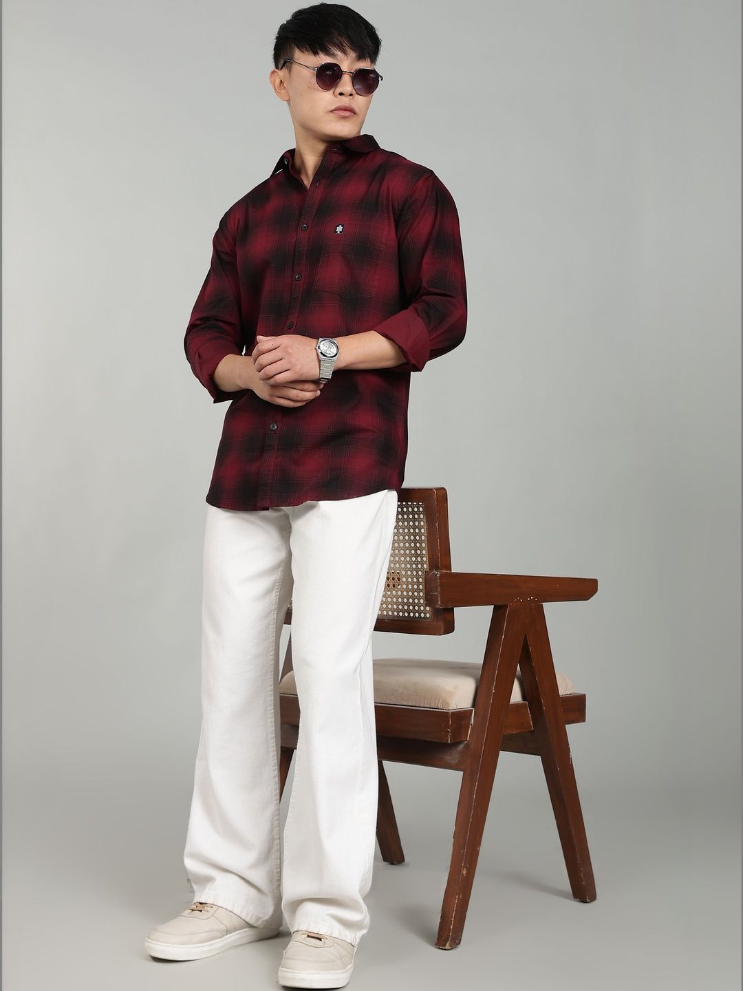 Men’s Maroon Black Checked Casual Shirt – Premium Full Sleeve Check Shirt
