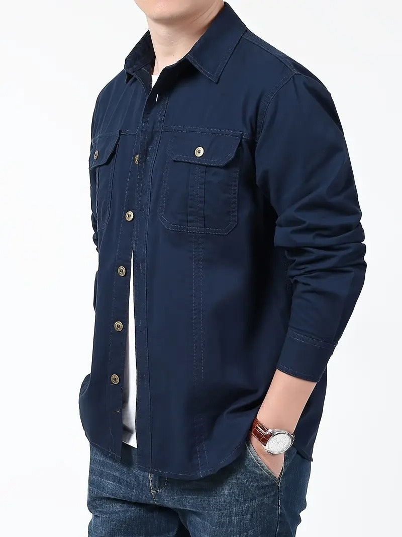 Men’s Cargo Jacket Shirt | 100% Cotton | 2 Pocket Utility Overshirt | Casual & Outdoor Wear | Breathable & Lightweight Fabric