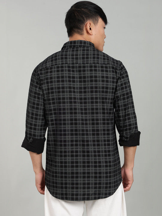 Men’s Elegant Black Checked Casual Shirt – Premium Plaid Full Sleeve Shirt