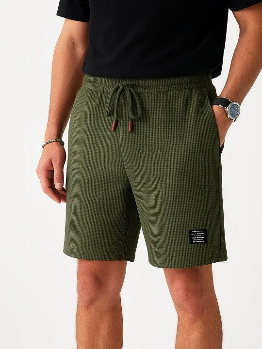 Men’s Green Waffle Texture Shorts – Relaxed Fit Casual Shorts