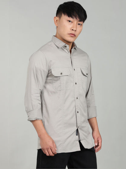 Men’s Light Grey Utility Casual Shirt – Premium Full Sleeve Solid Shirt