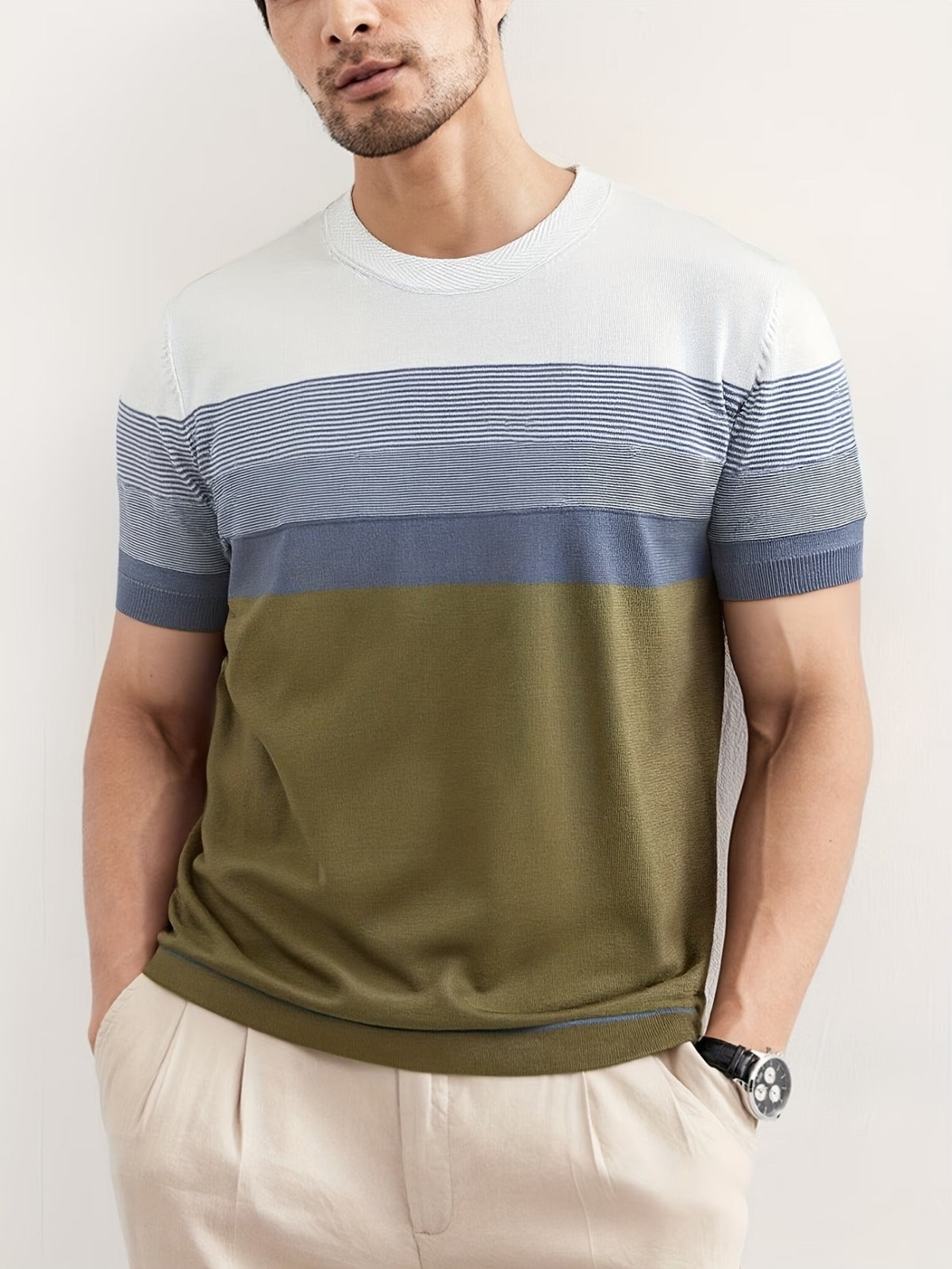 Men's Green Color Block Knitted T-Shirt
