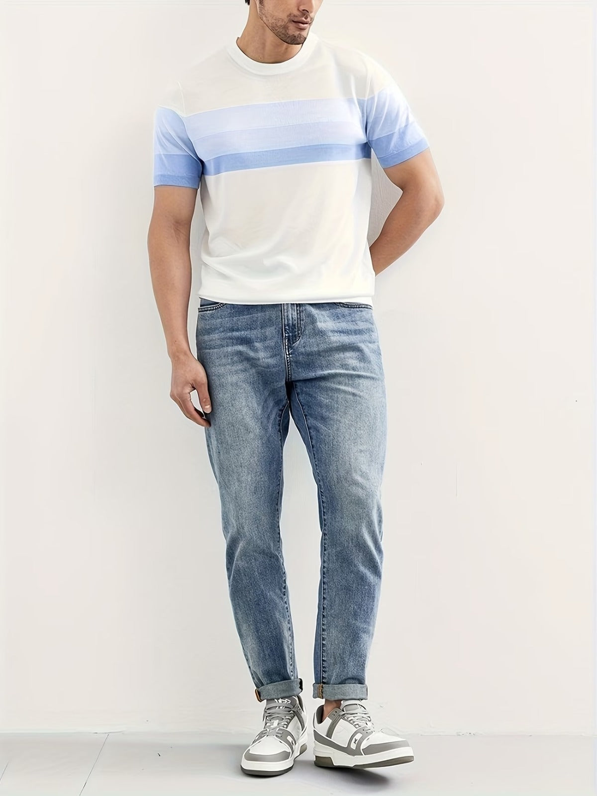 Men's Sky Blue Striped Knitted T-Shirt