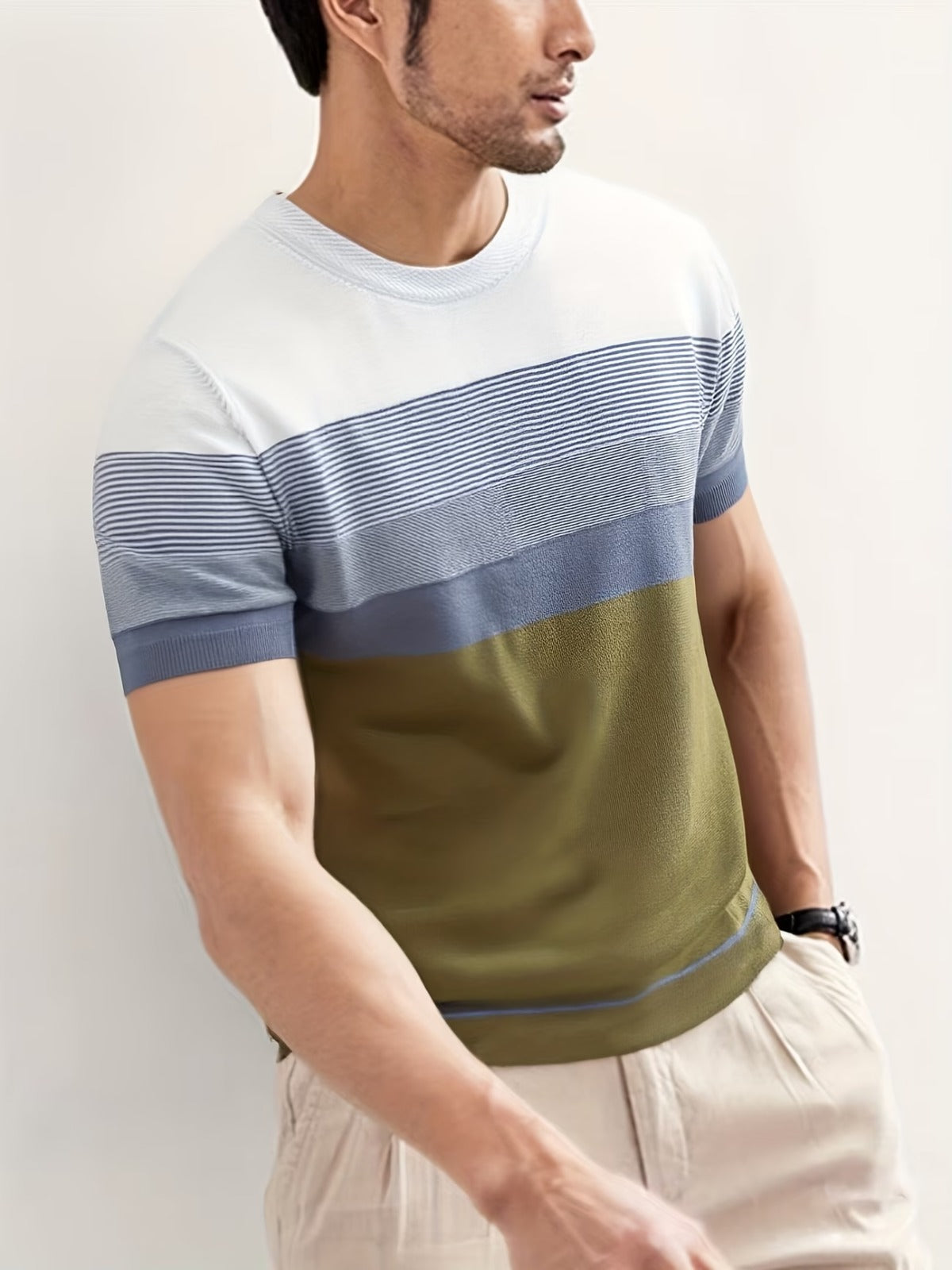 Men's Green Color Block Knitted T-Shirt