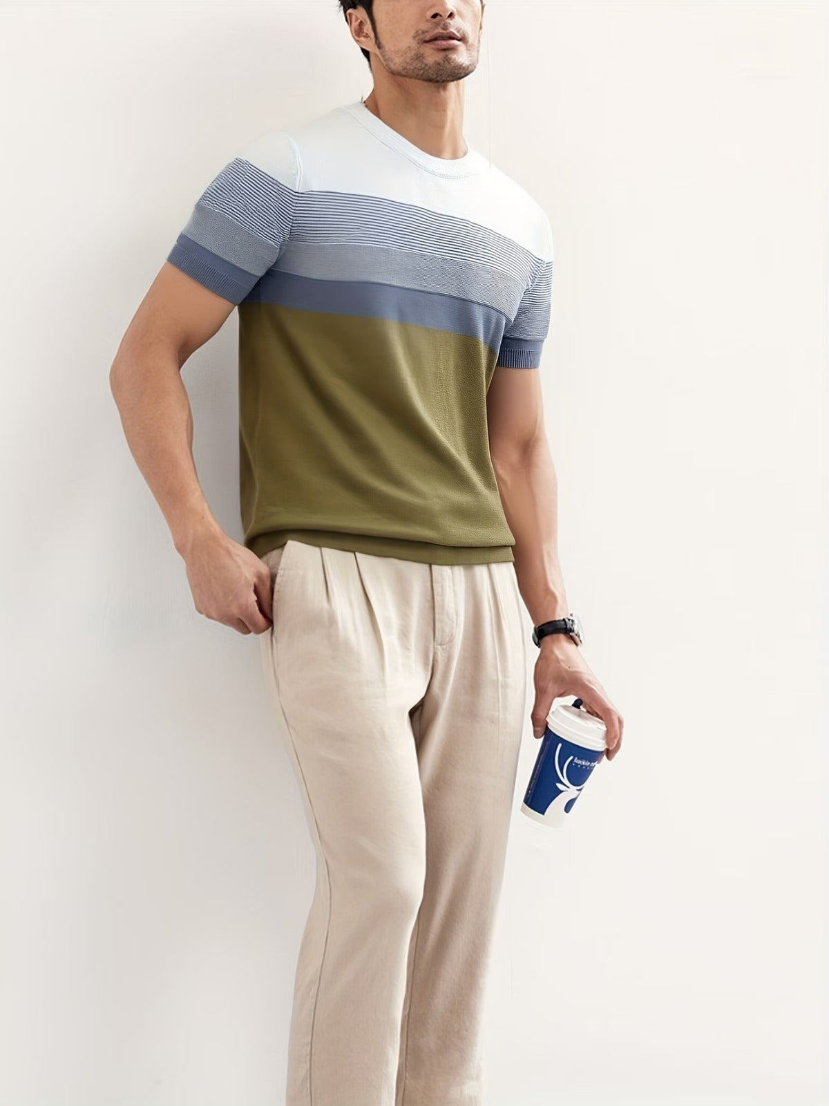 Men's Green Color Block Knitted T-Shirt